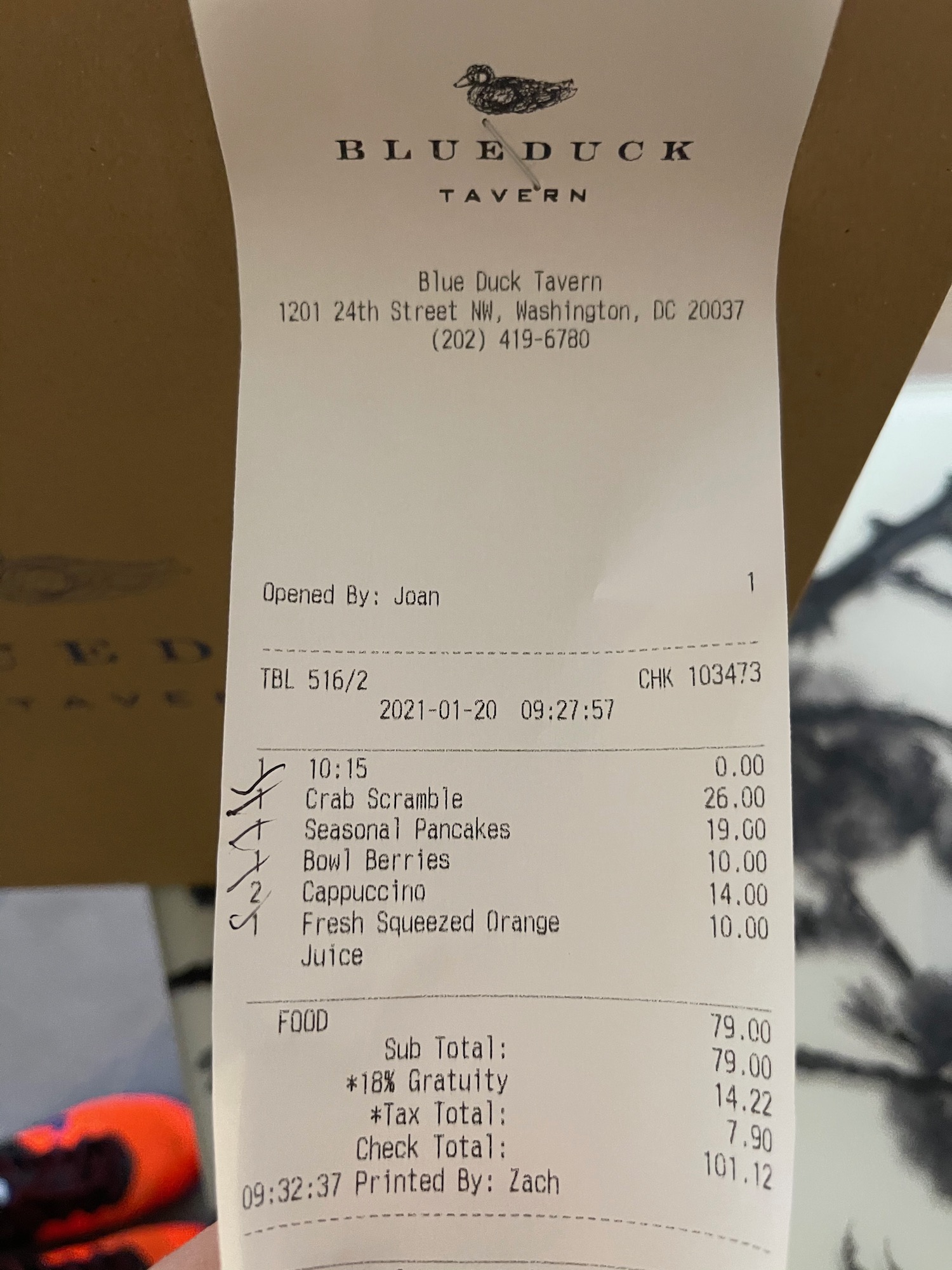 a receipt of food on a table