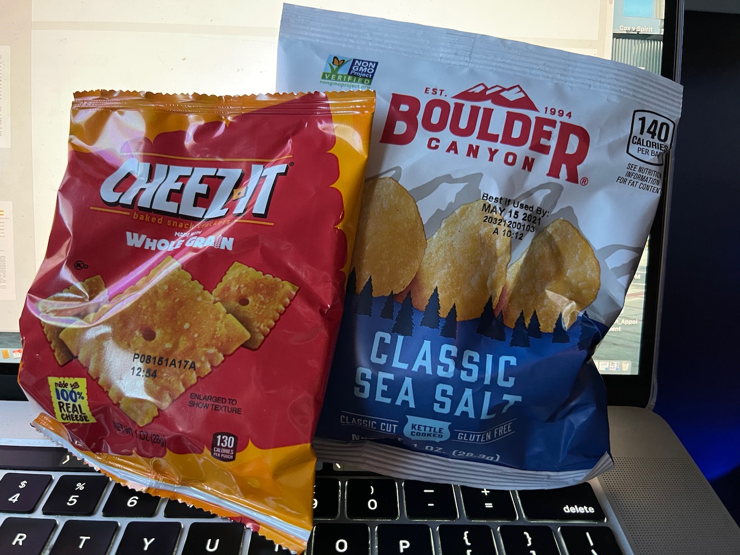 a group of bags of chips on a keyboard