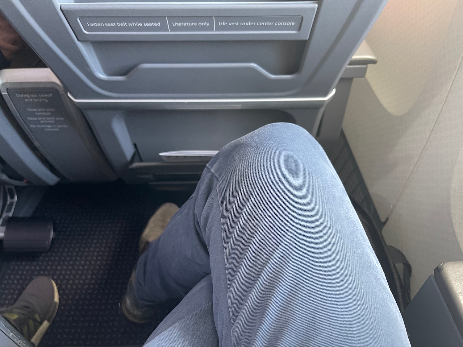 a person's leg in a plane