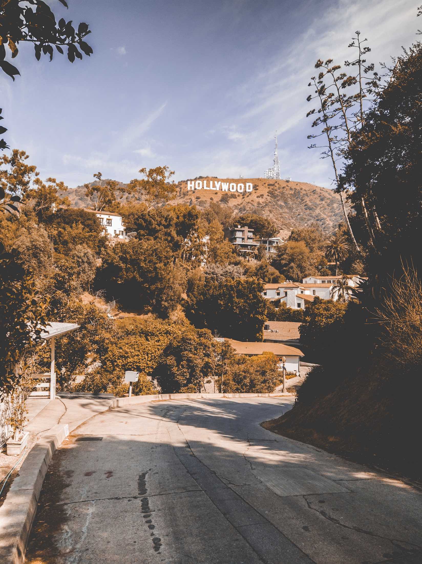 a road with trees and buildings on the side