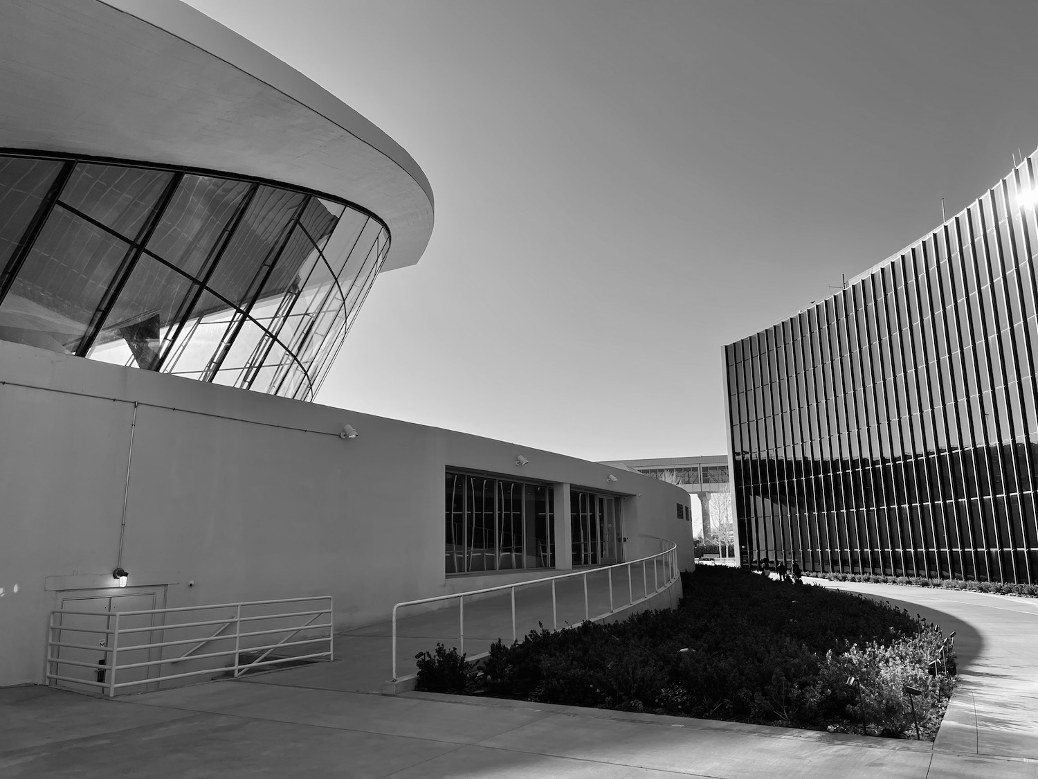 a building with curved glass walls