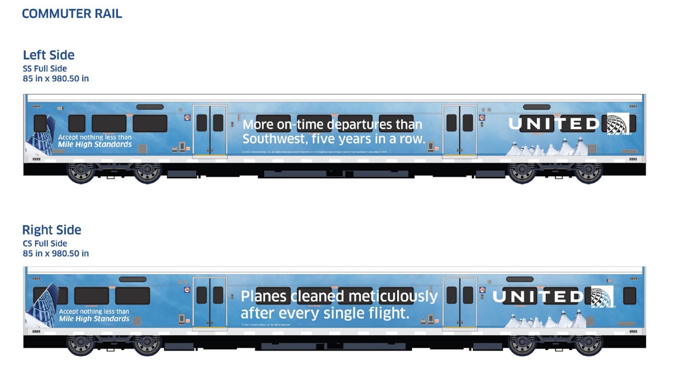 a blue train with white text