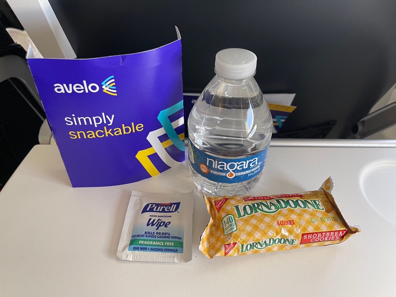 a bottle of water and candy bars on a table