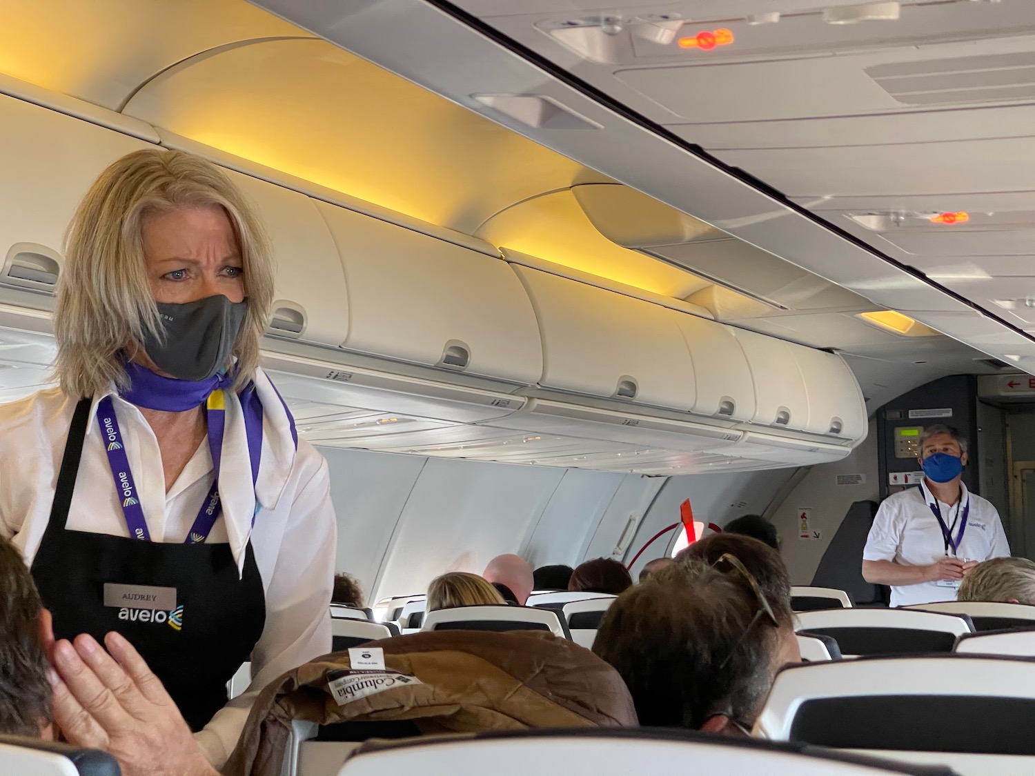 a woman wearing a mask on an airplane