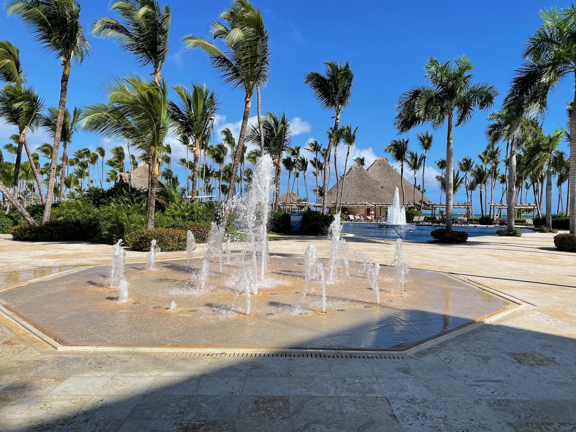a water fountain in a pool with palm trees and a straw hut