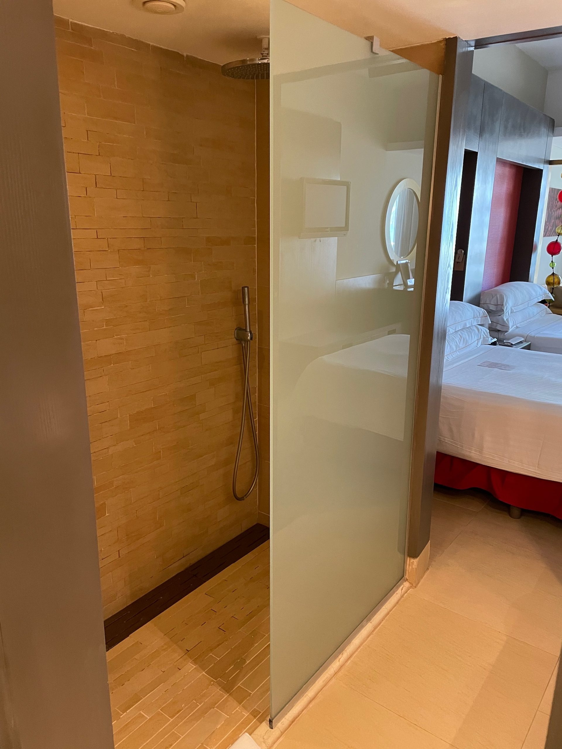 a room with a glass door