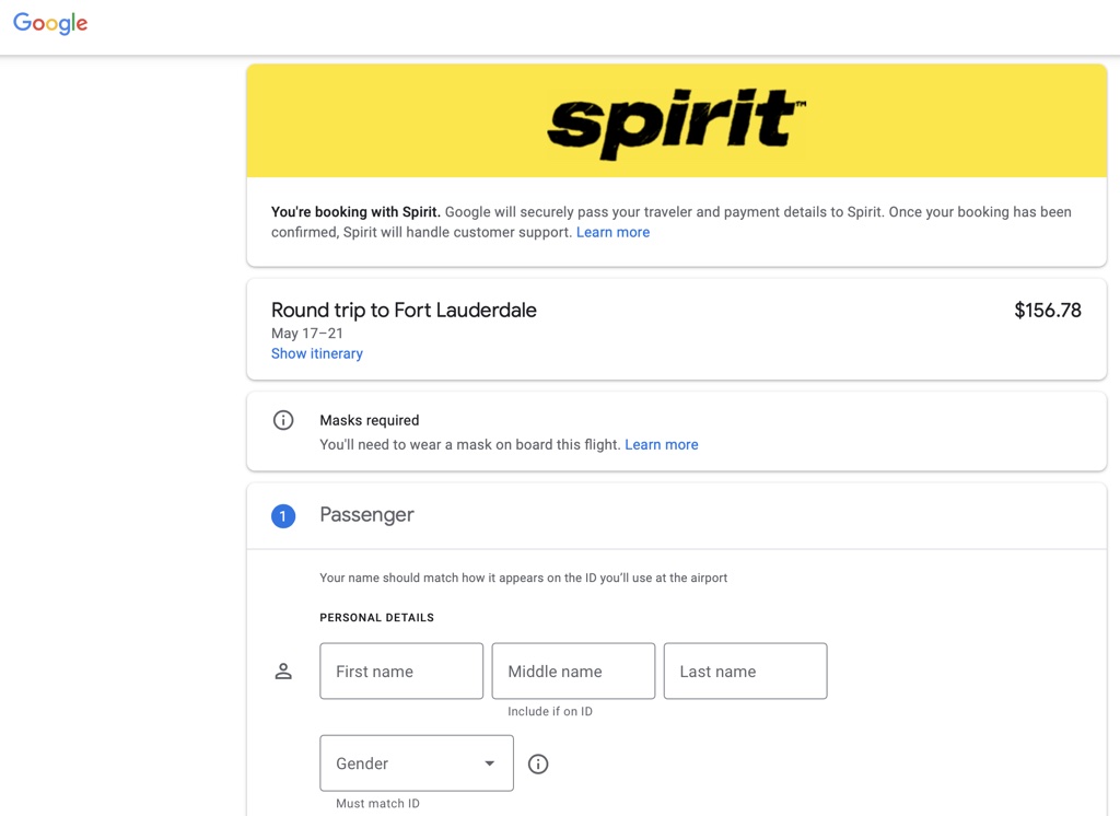 Book on Google Flights with Spirit form
