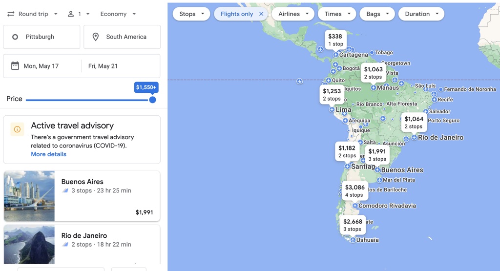 Google Flights can search by broad destinations like continents