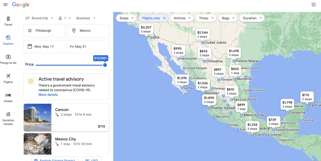 Google Flights destination selector