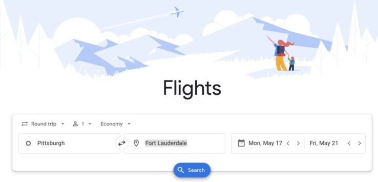 Google flights search screen