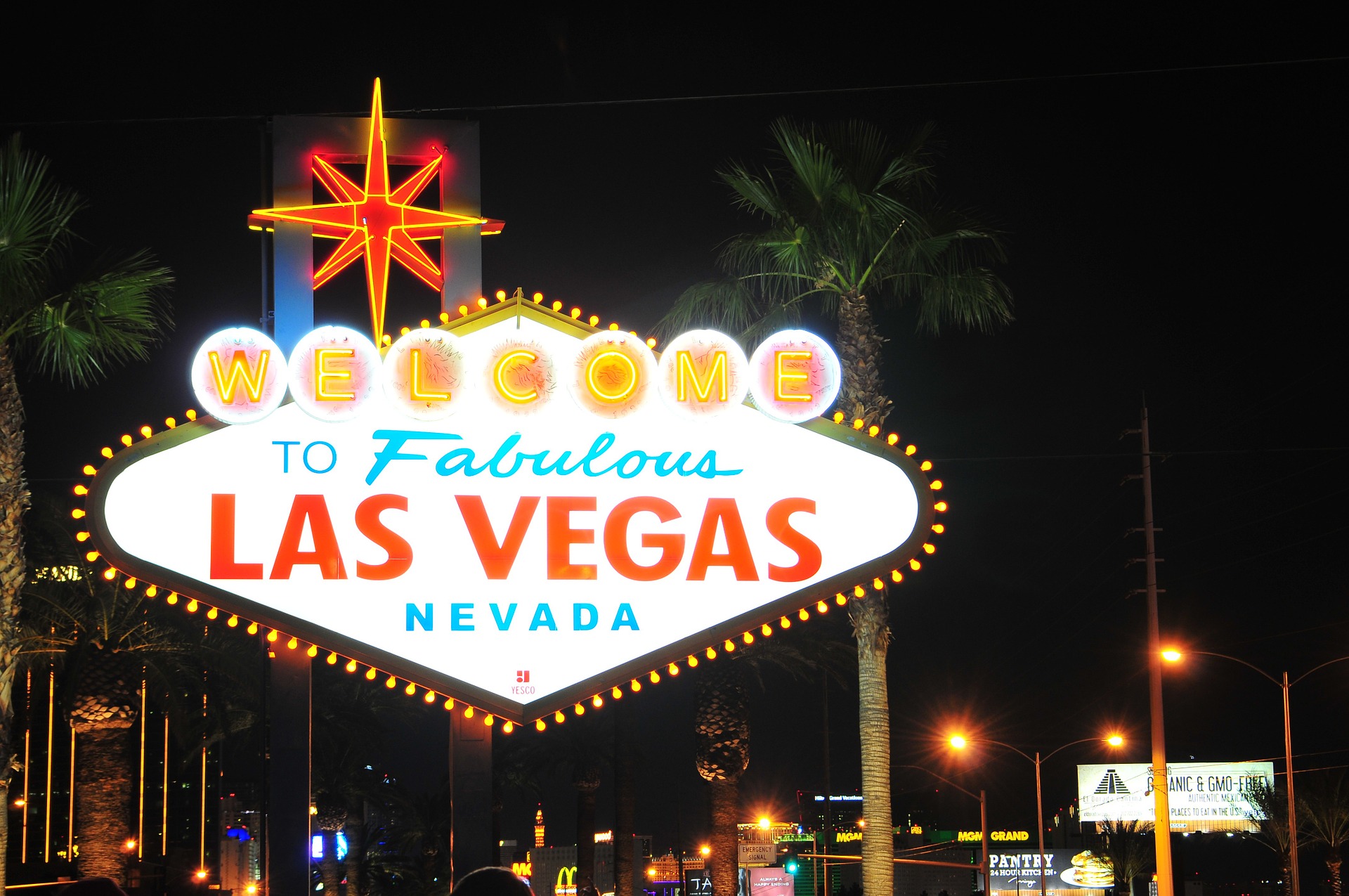 a sign with lights on it with Welcome to Fabulous Las Vegas sign in the background