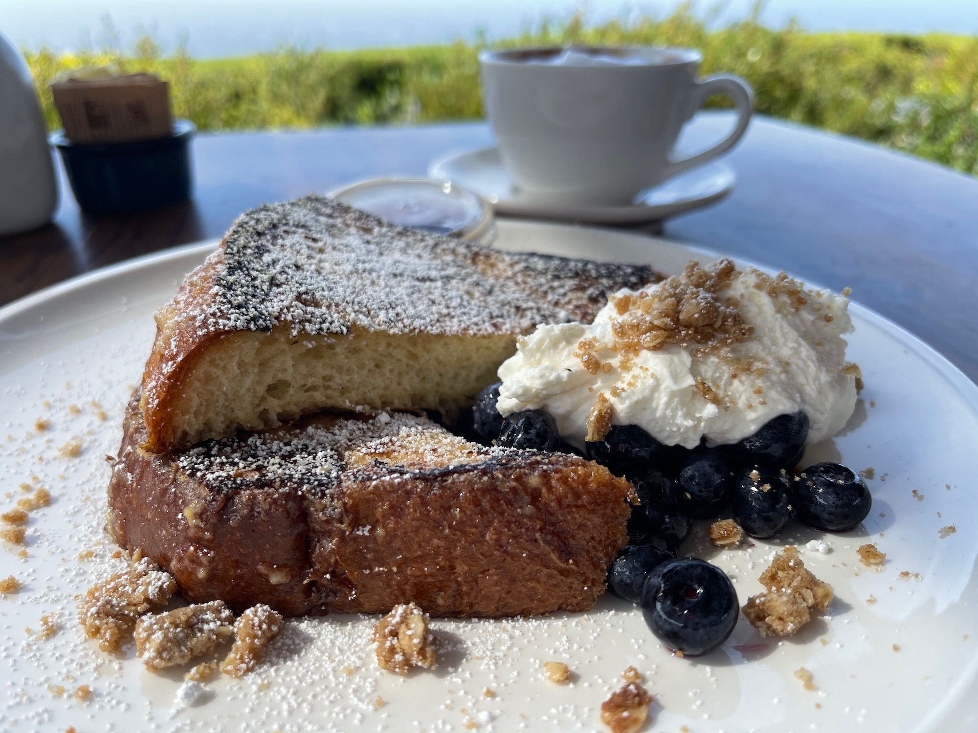 a plate of food with a cup of coffee and a cup of coffee