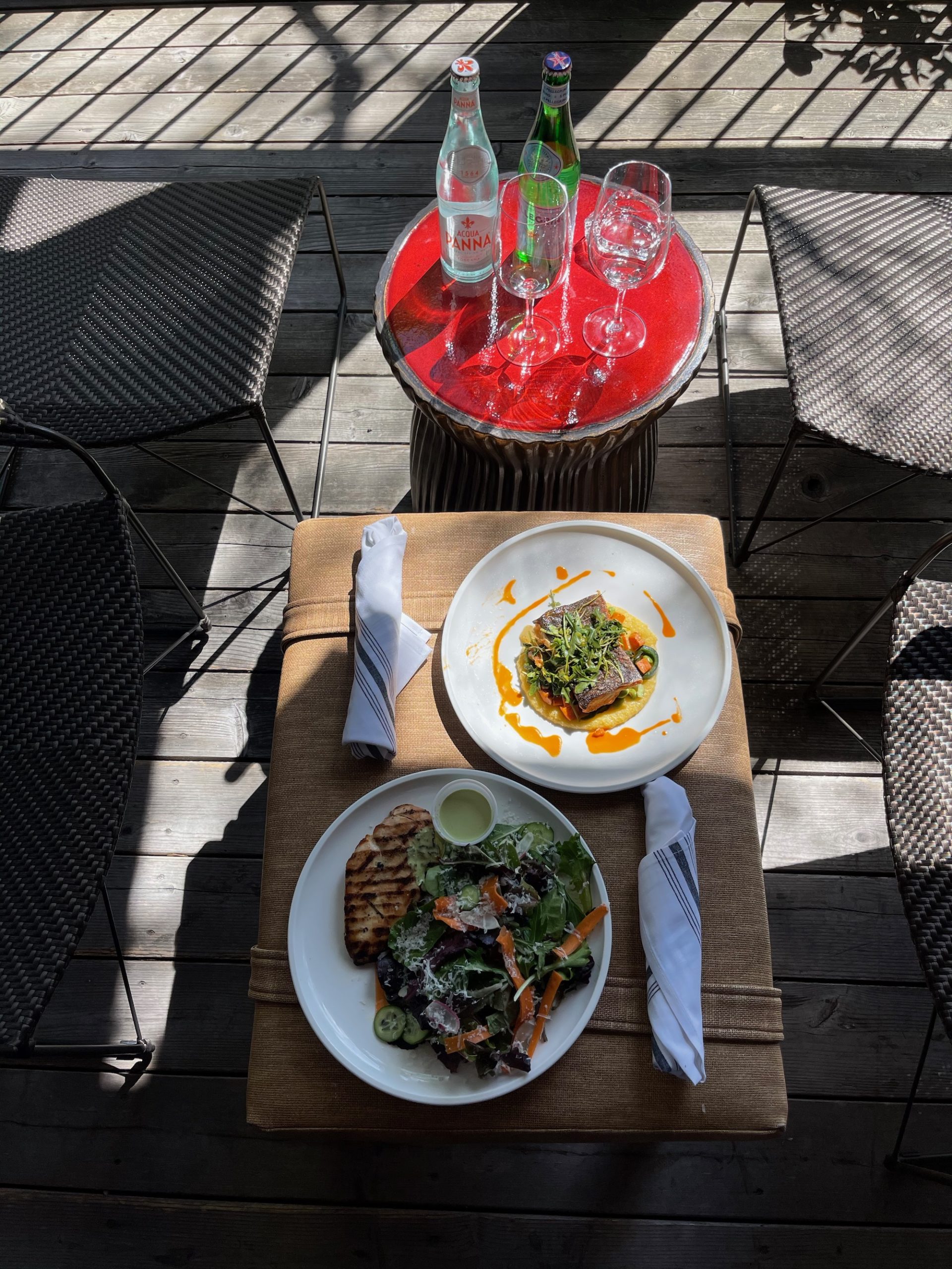 a table with plates of food and glasses on it