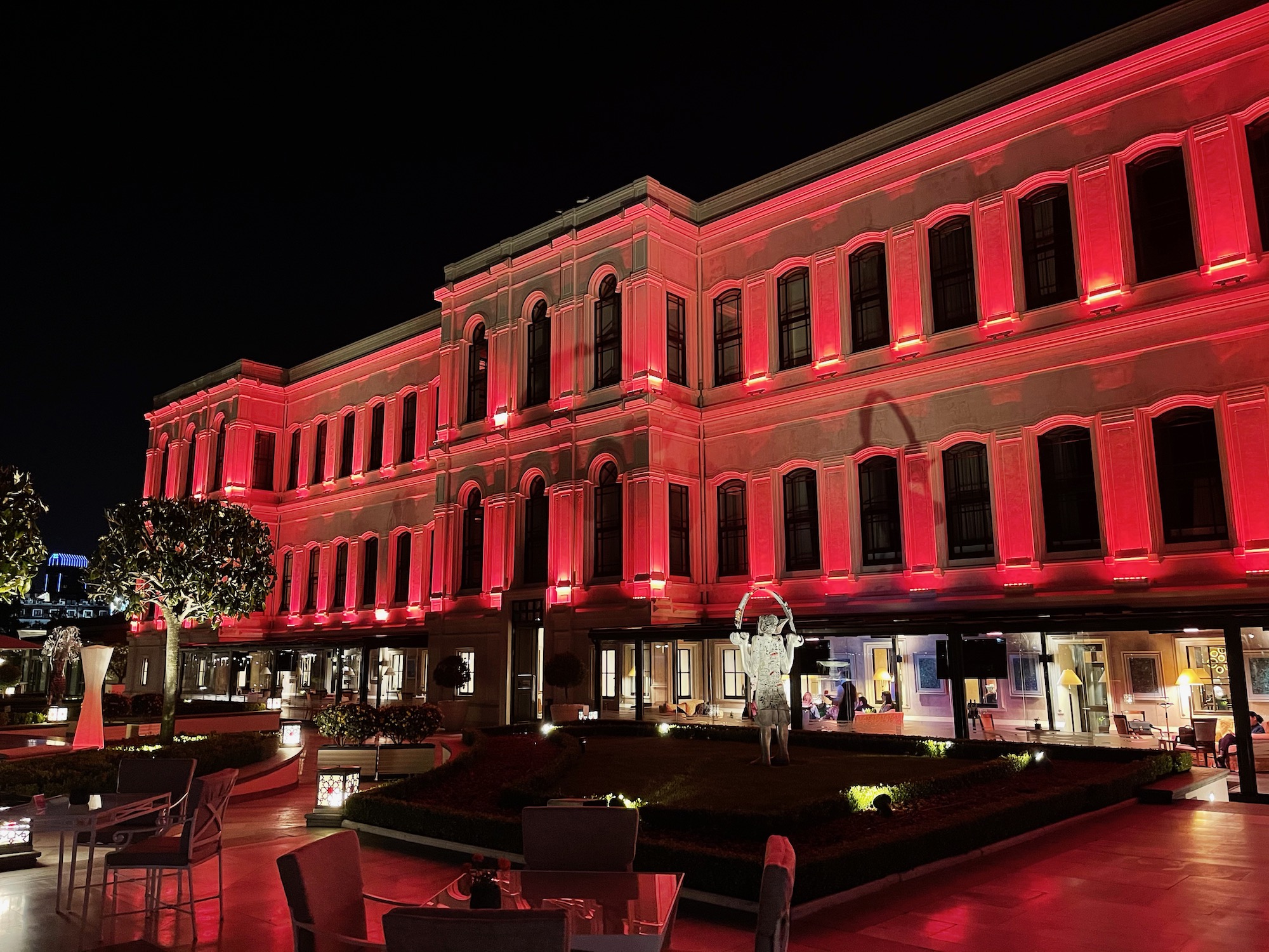 a building with red lights