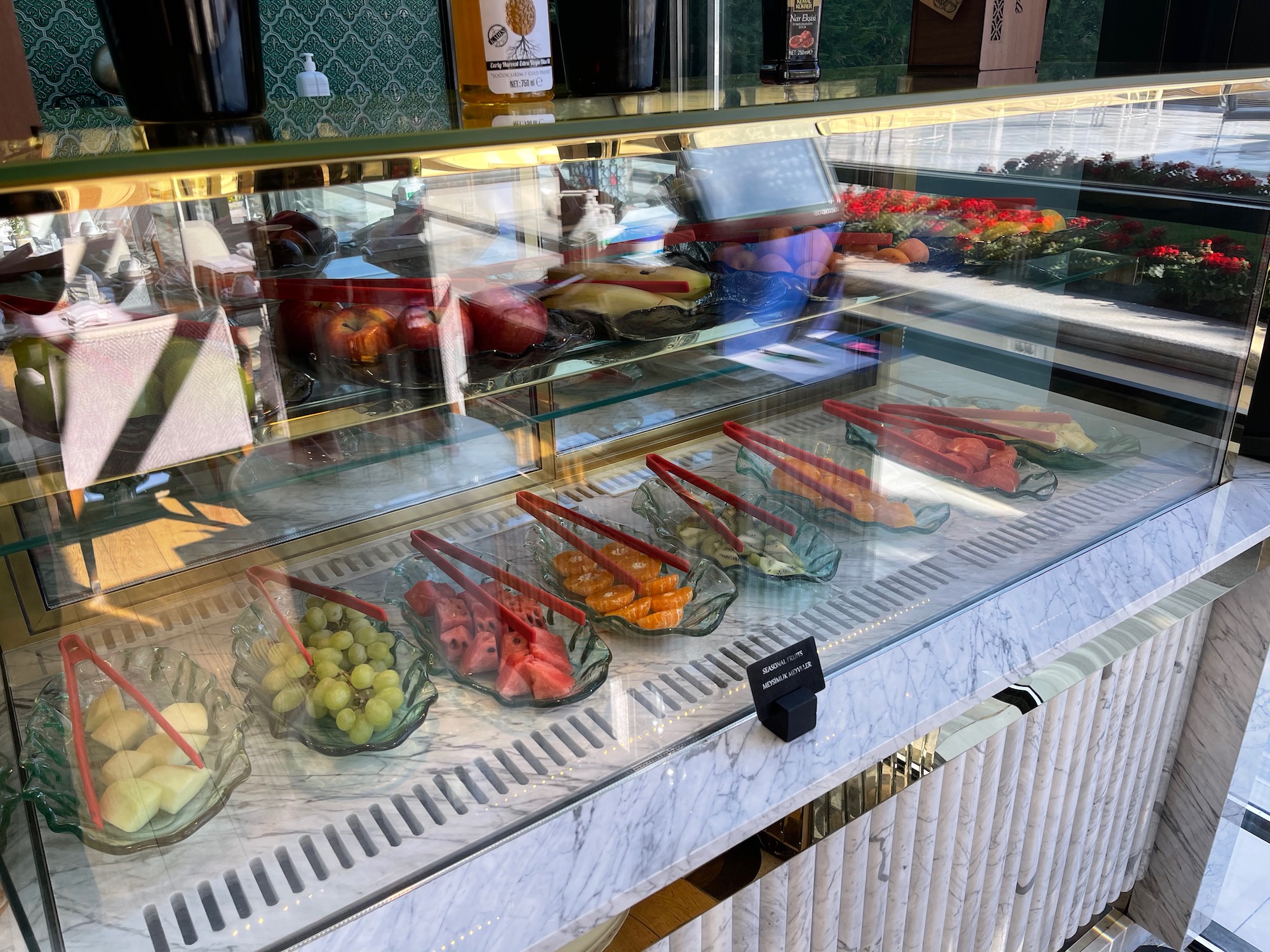 a display case with fruit on it