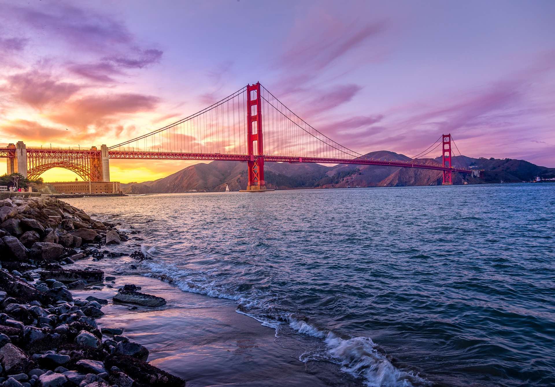 Golden Gate Bridge over water with a sunset