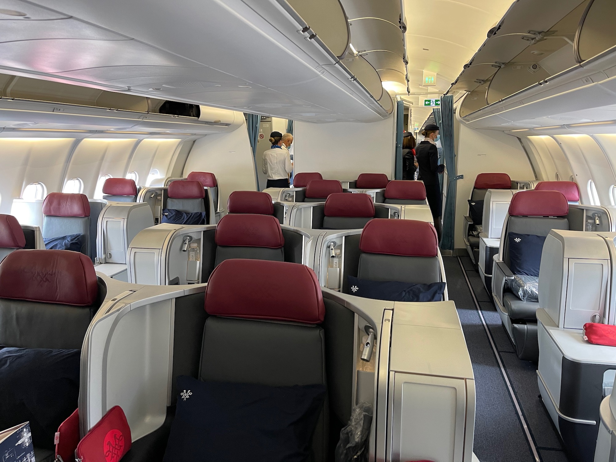 a plane with red seats