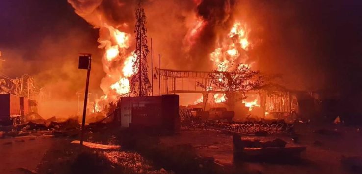 a building on fire at night