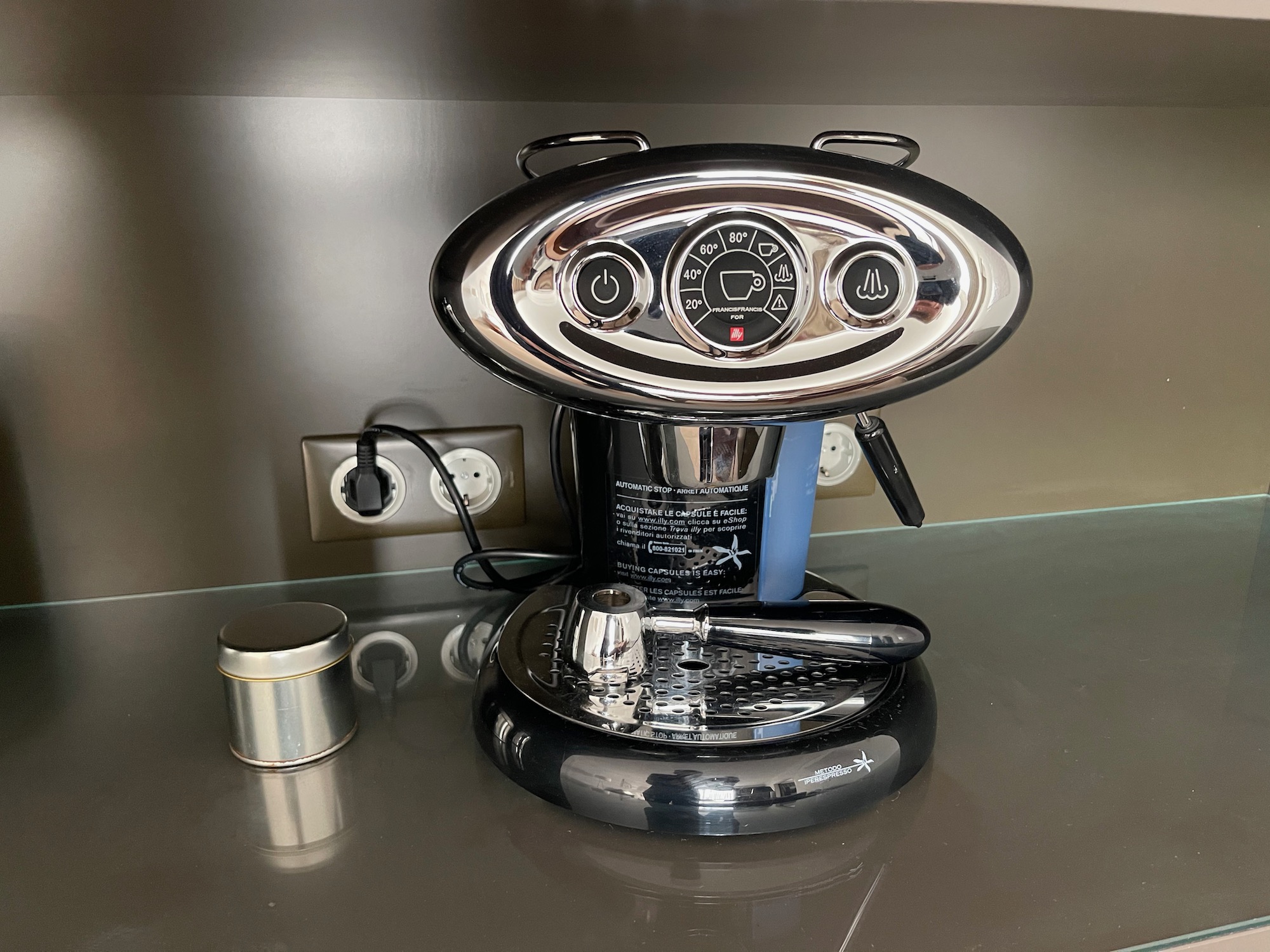 a silver and black espresso machine