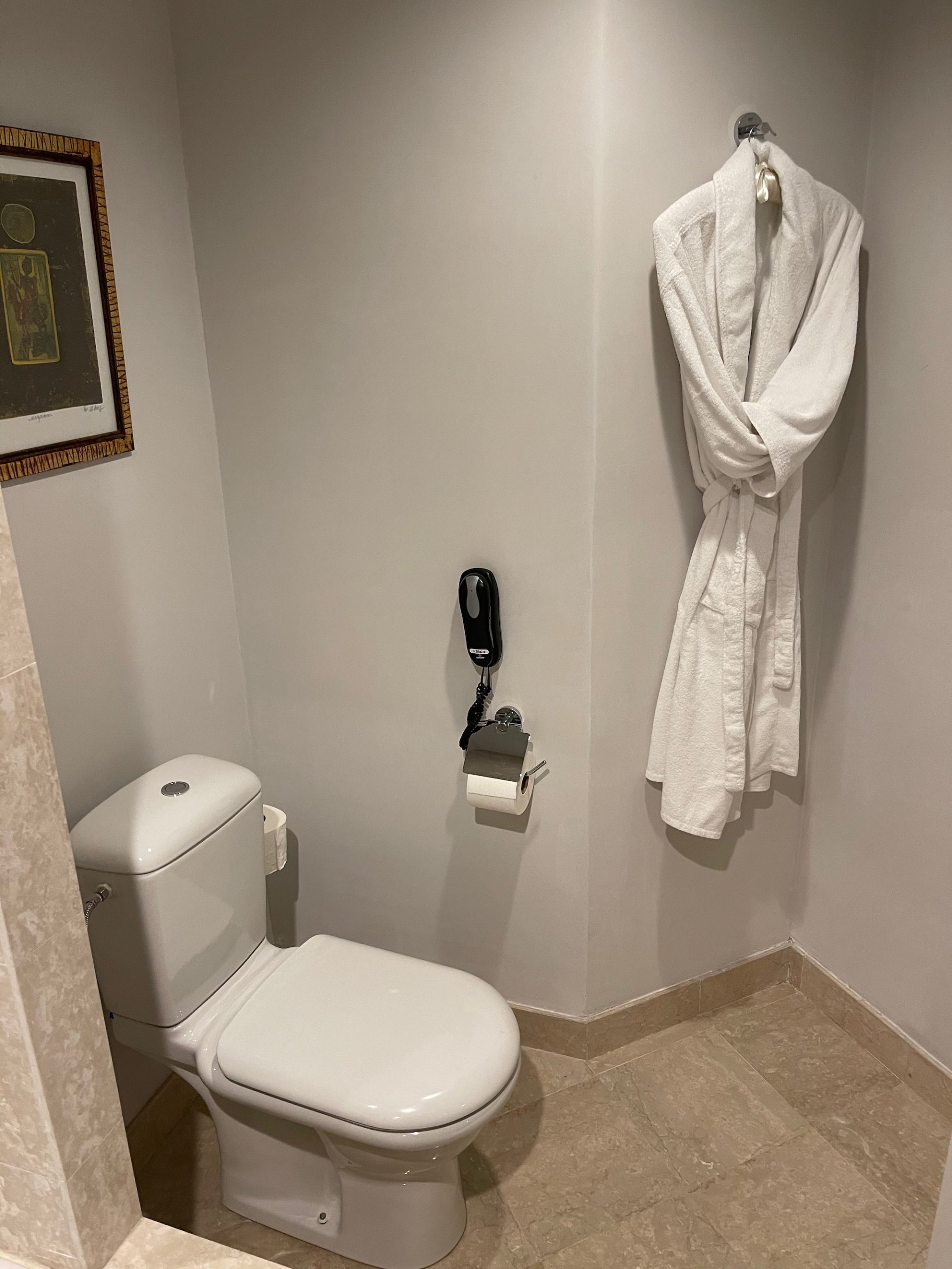 a white bathrobe on a hook in a bathroom