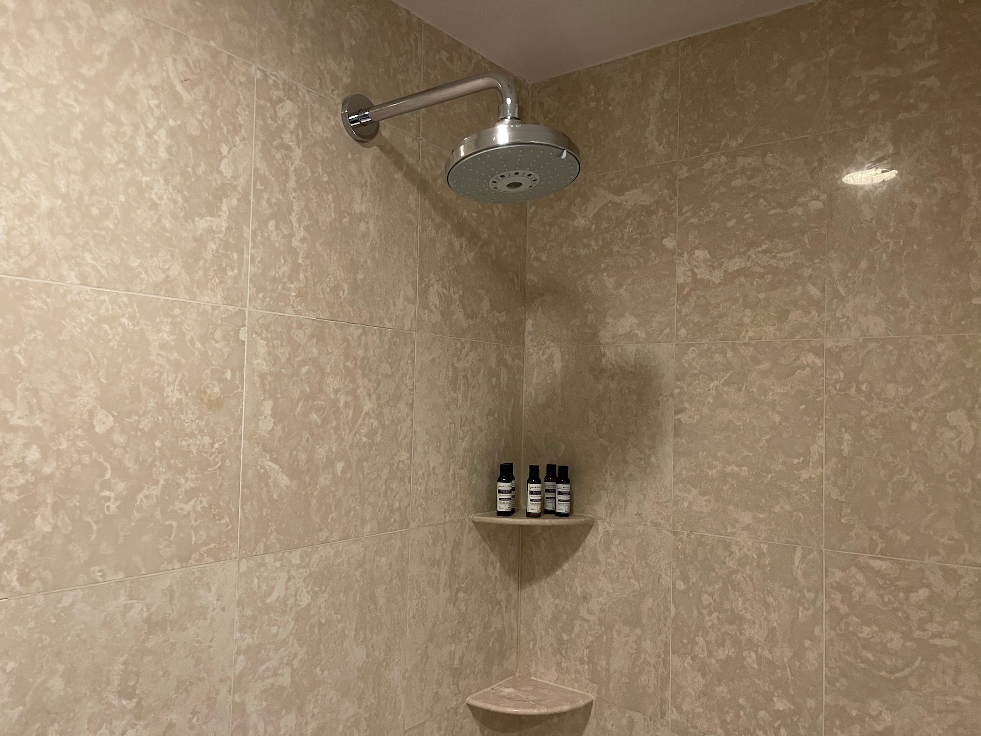 a shower head with bottles on the wall