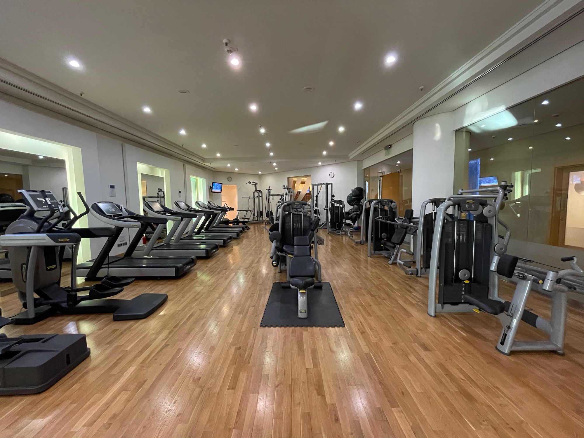 a large room with exercise equipment