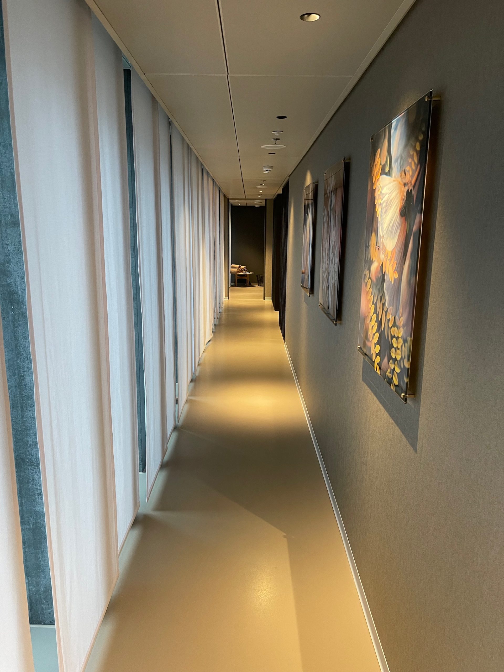 a long hallway with art on the wall