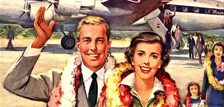 a man and woman in front of an airplane