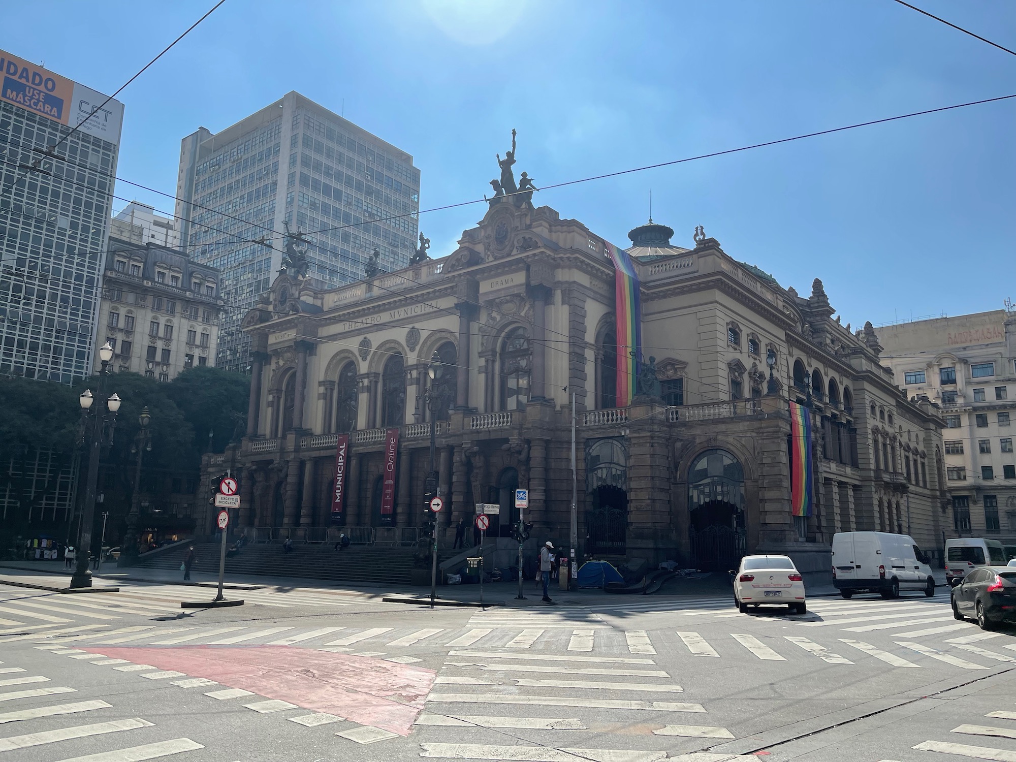 a building with a rainbow flag on the side