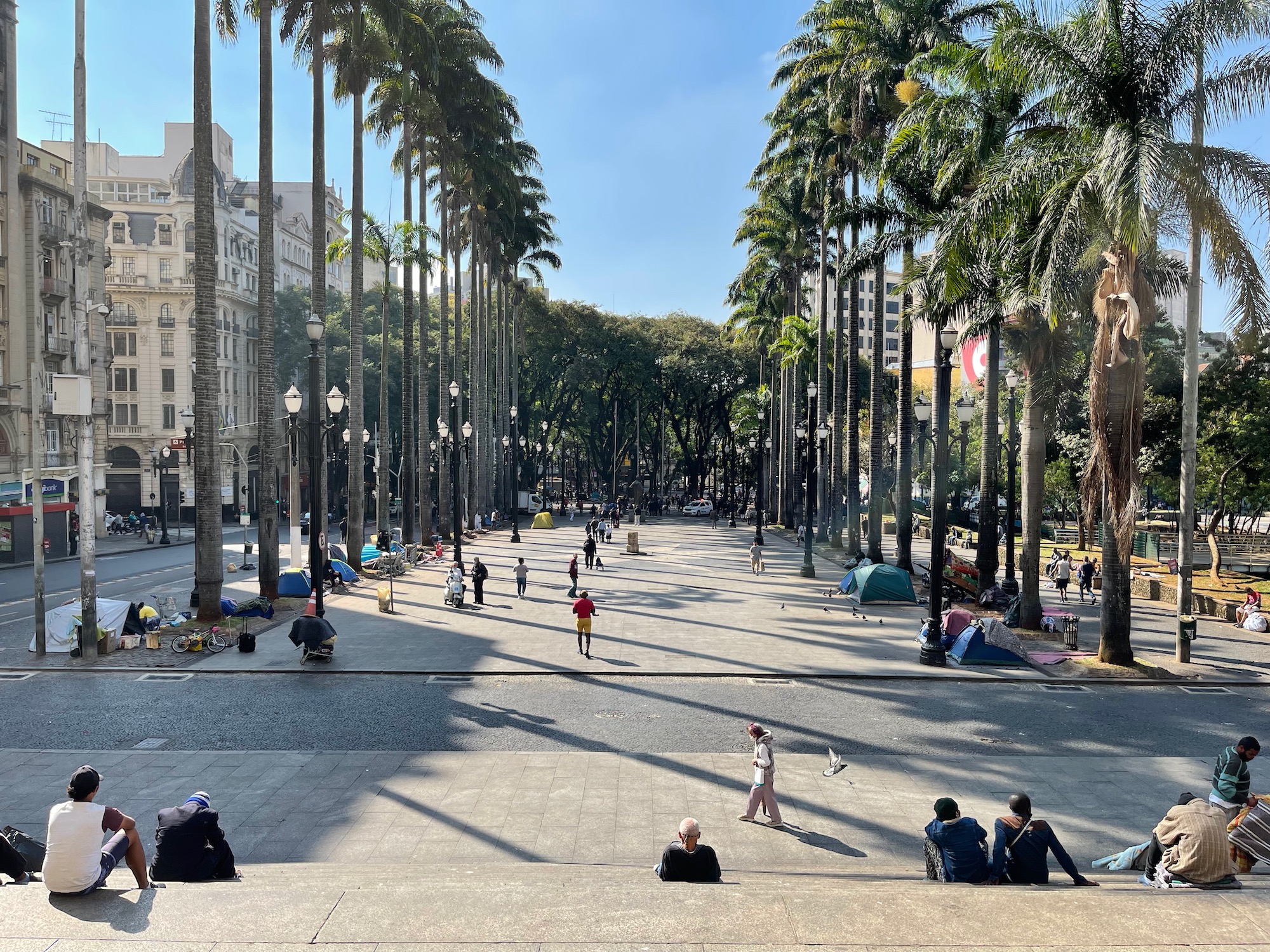 a group of people sitting on a paved area with palm trees