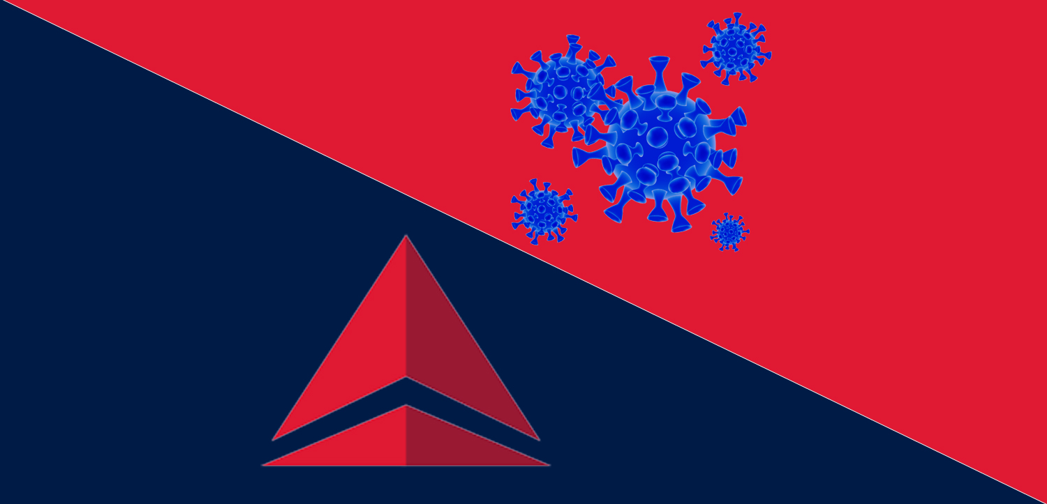 a red and blue background with a red triangle and blue virus