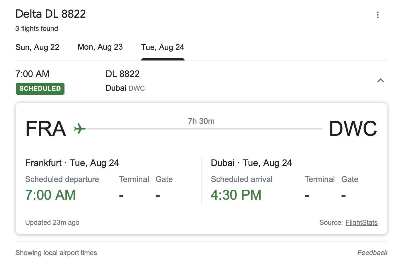 a screenshot of a flight schedule