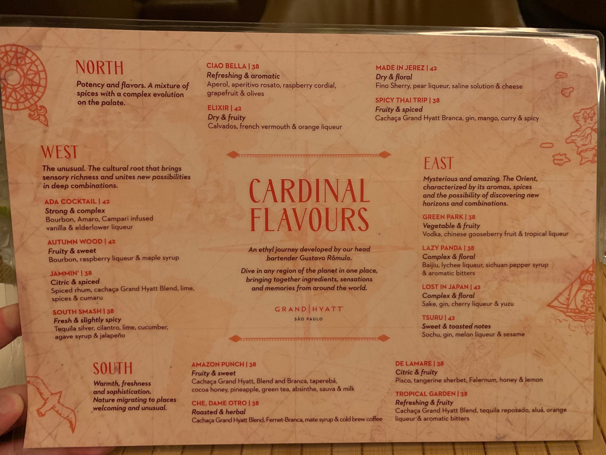 a menu with red text and black text