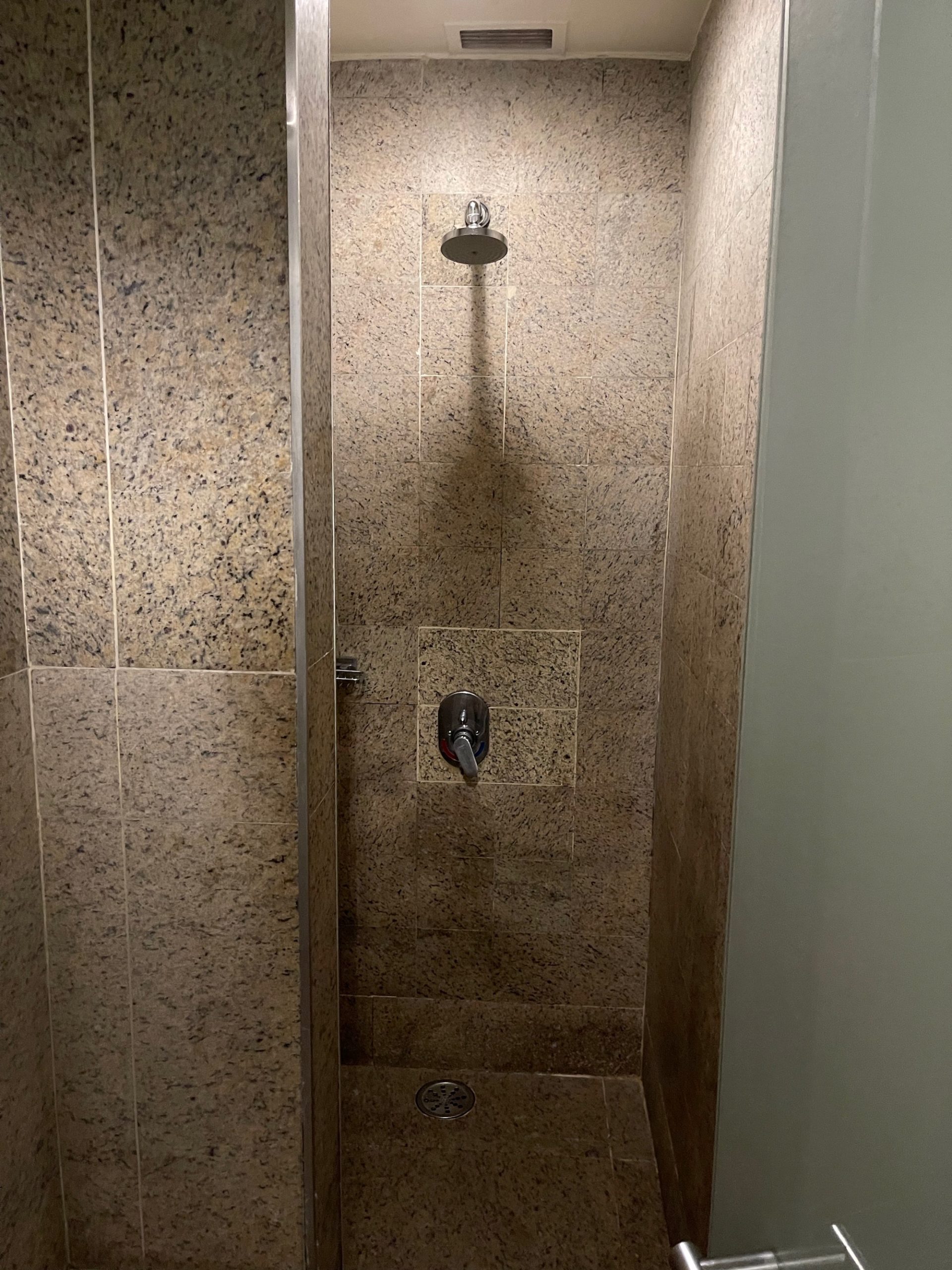 a shower with a light on