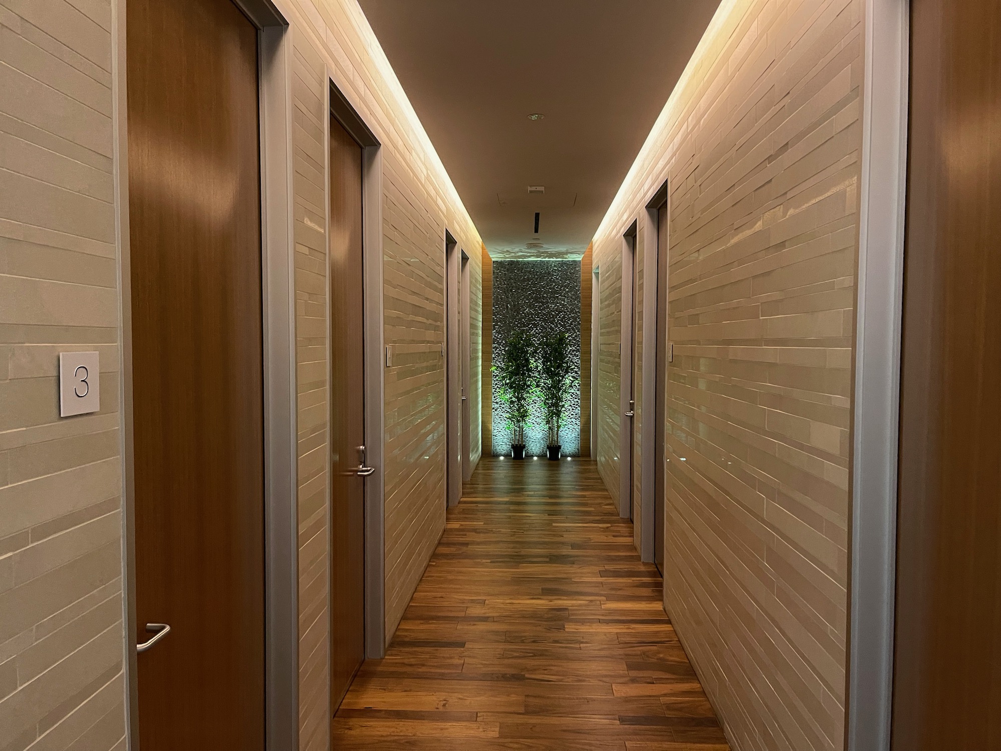 a long hallway with doors and a tree