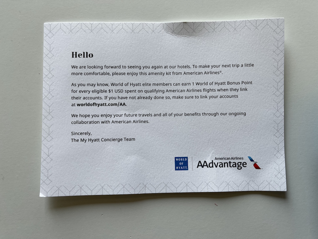 My Hyatt Concierge American Airlines Amenity Kit letter