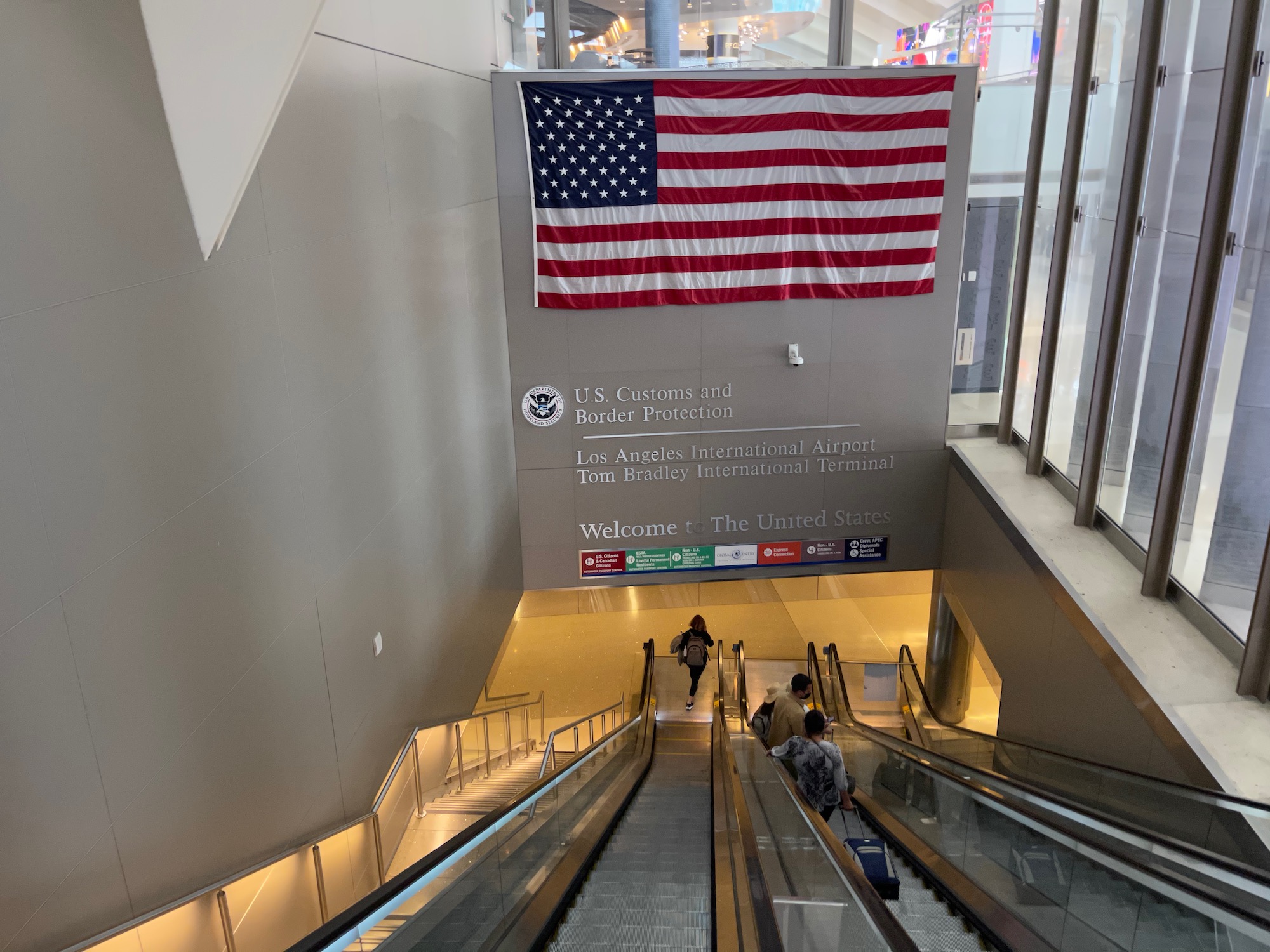 a escalator with a flag on it