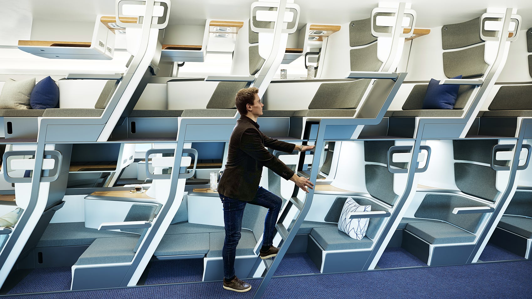 a man climbing up a ladder in an airplane