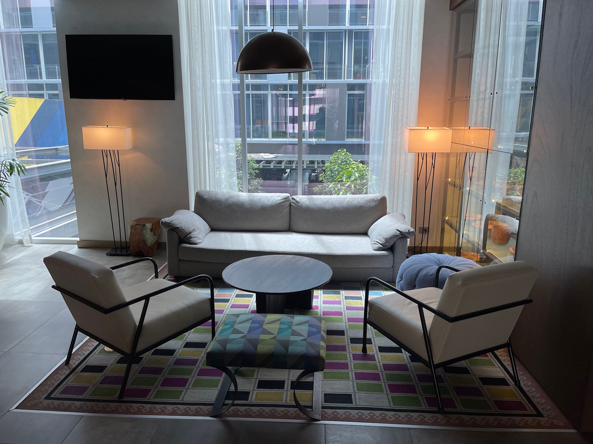 a living room with a couch and a table