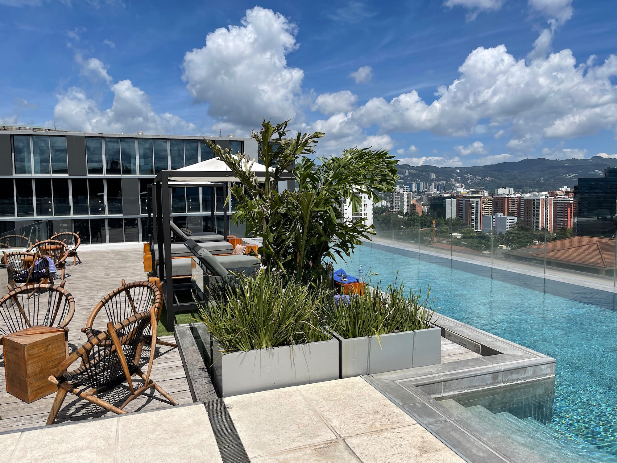 a pool with a chair and a tree in it