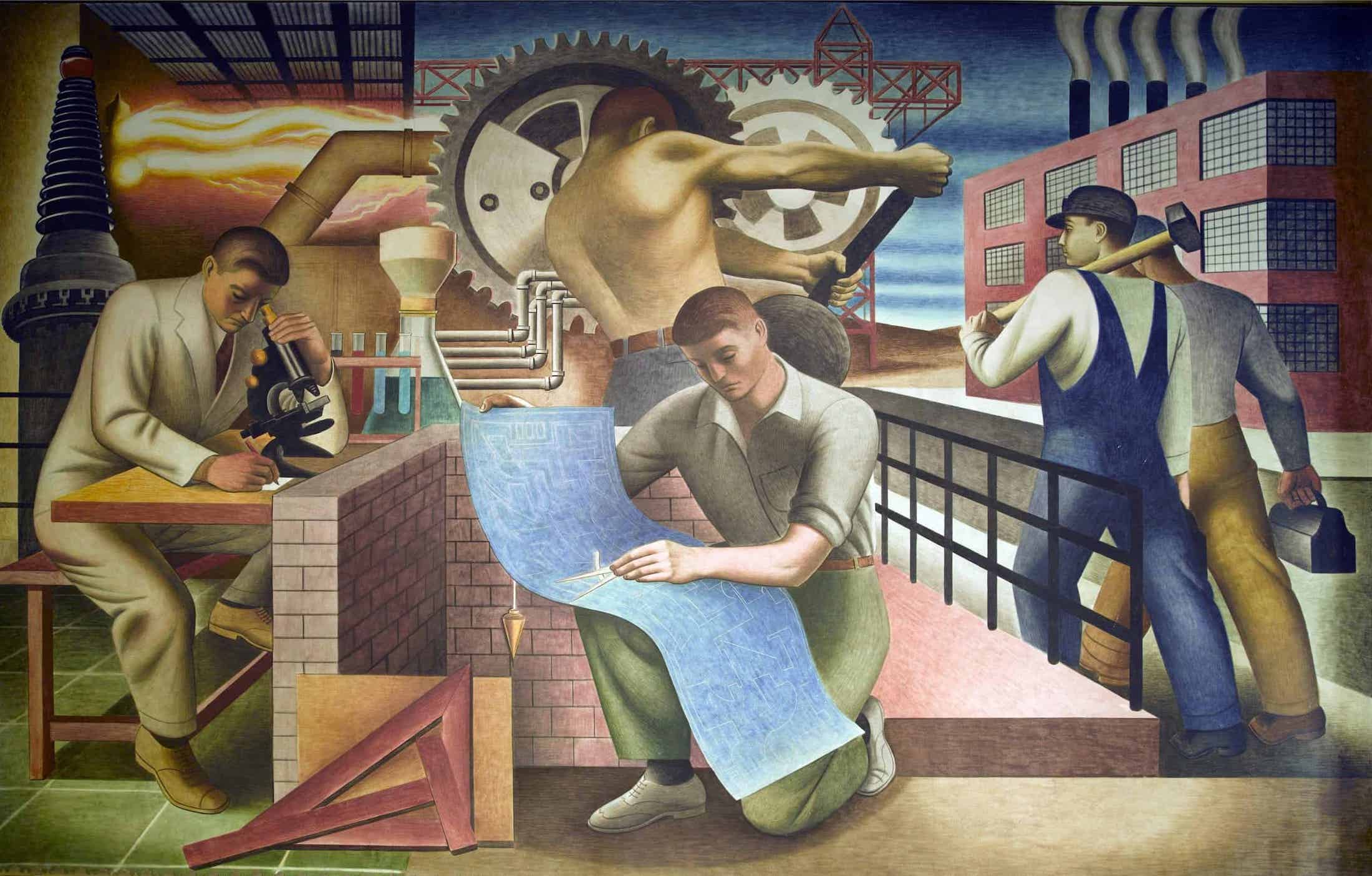 a mural of a man working on a blueprint