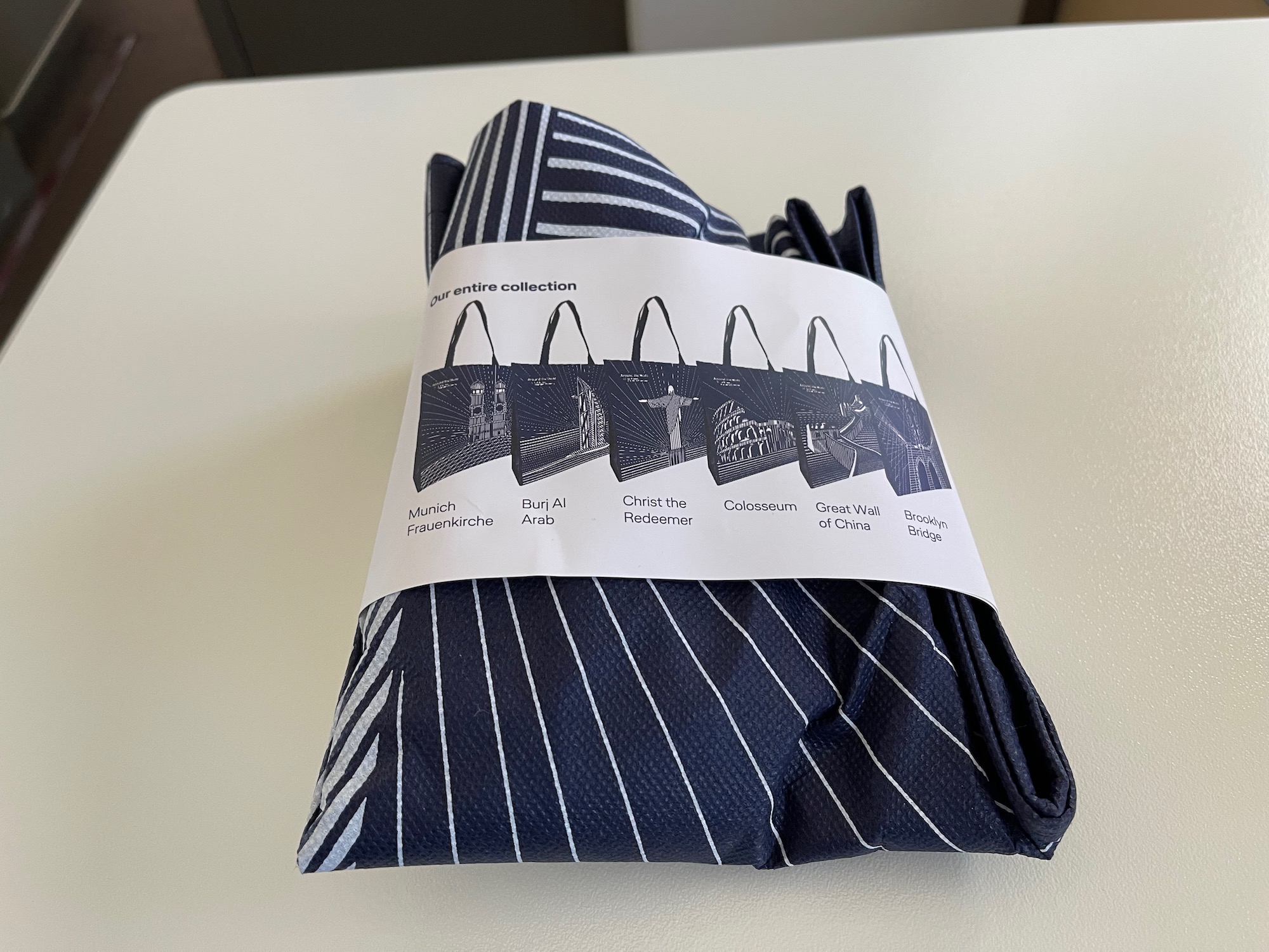 a folded blue and white striped cloth