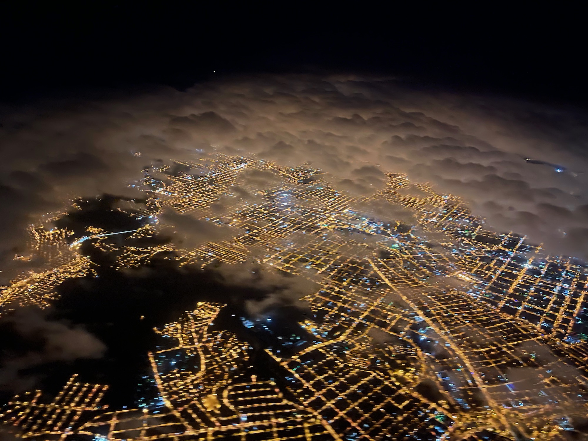 aerial view of a city at night