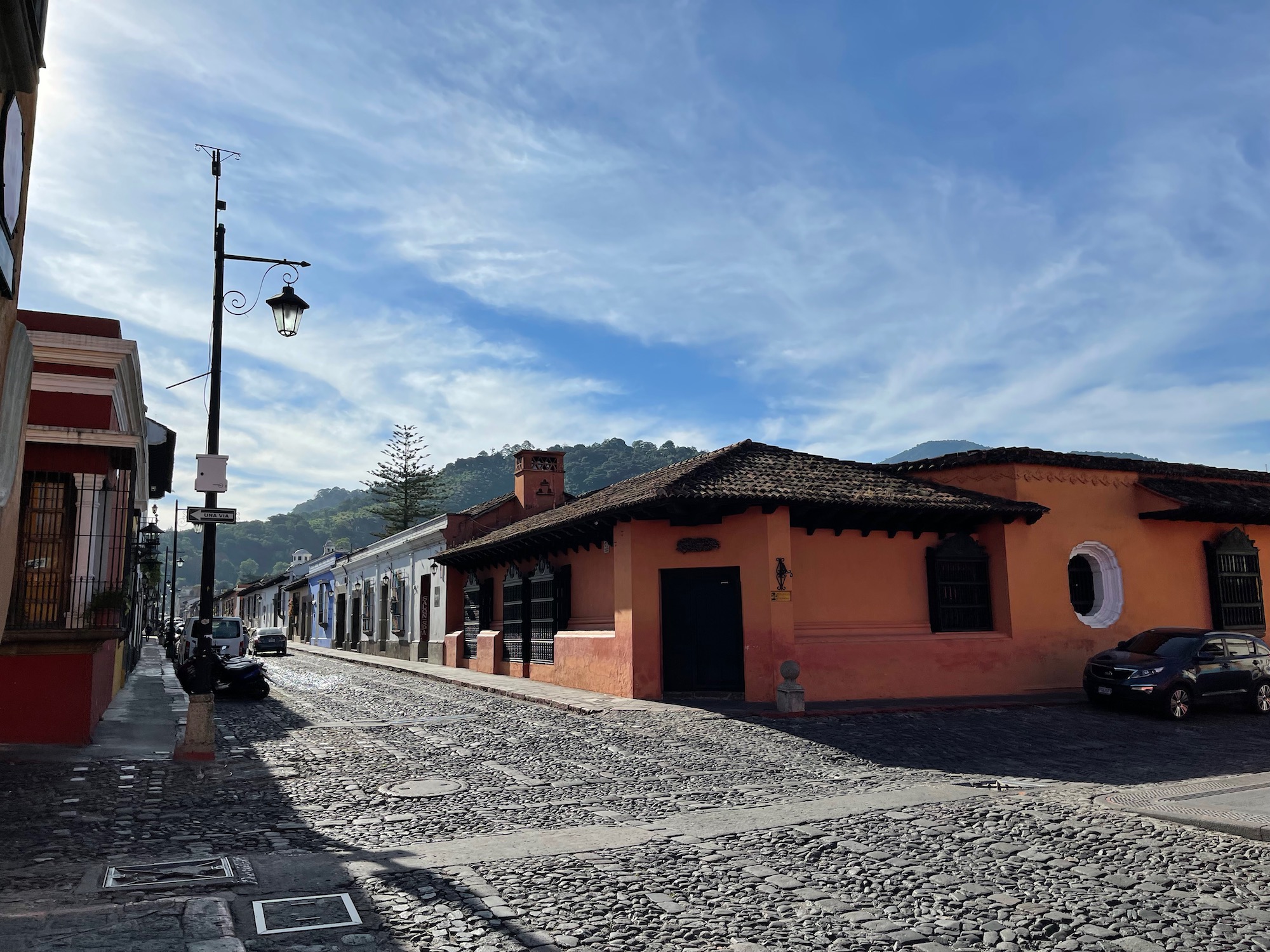 a street with buildings and a street light