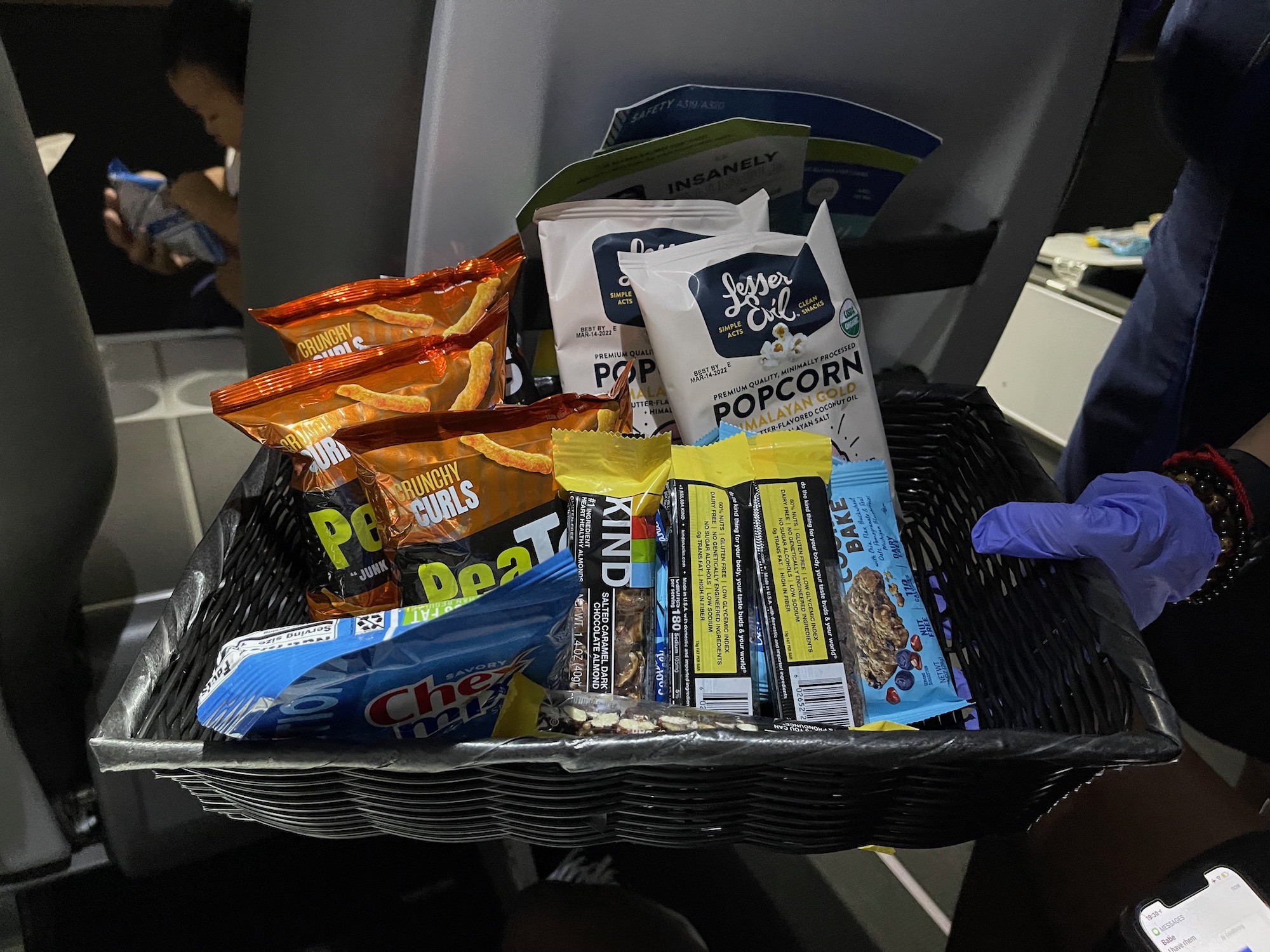 a basket of food on an airplane