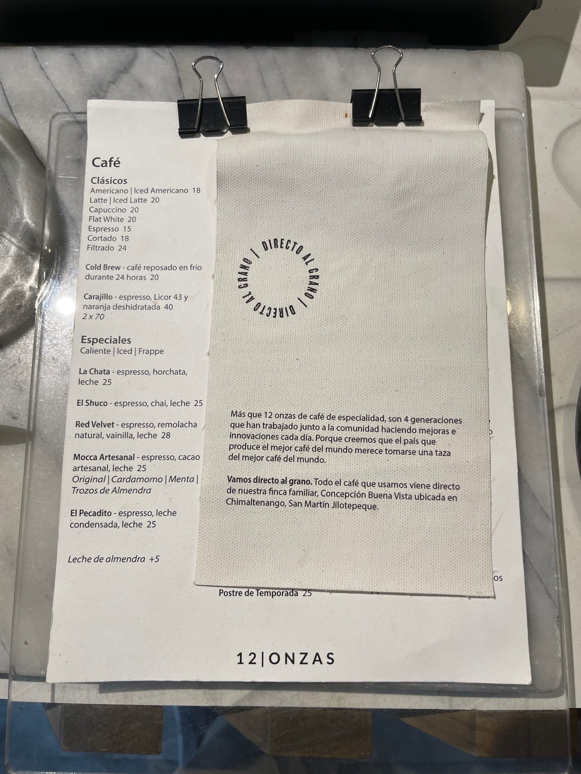 a menu with black and white text