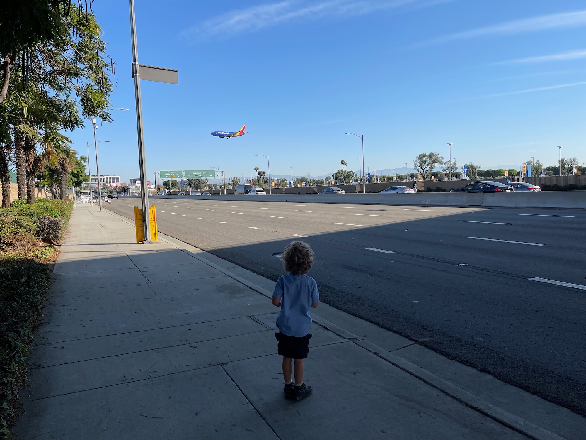 a child standing on a sidewalk looking at an airplane flying over