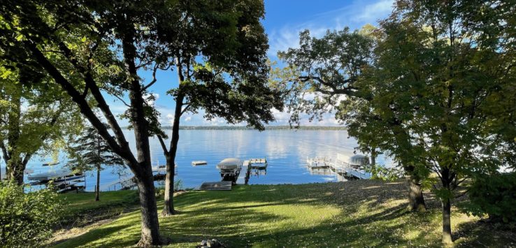 a grassy hill with trees and a dock on the water