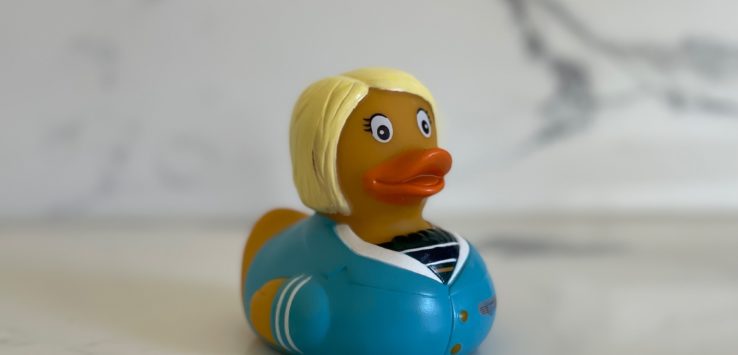 a yellow rubber duck with blonde hair