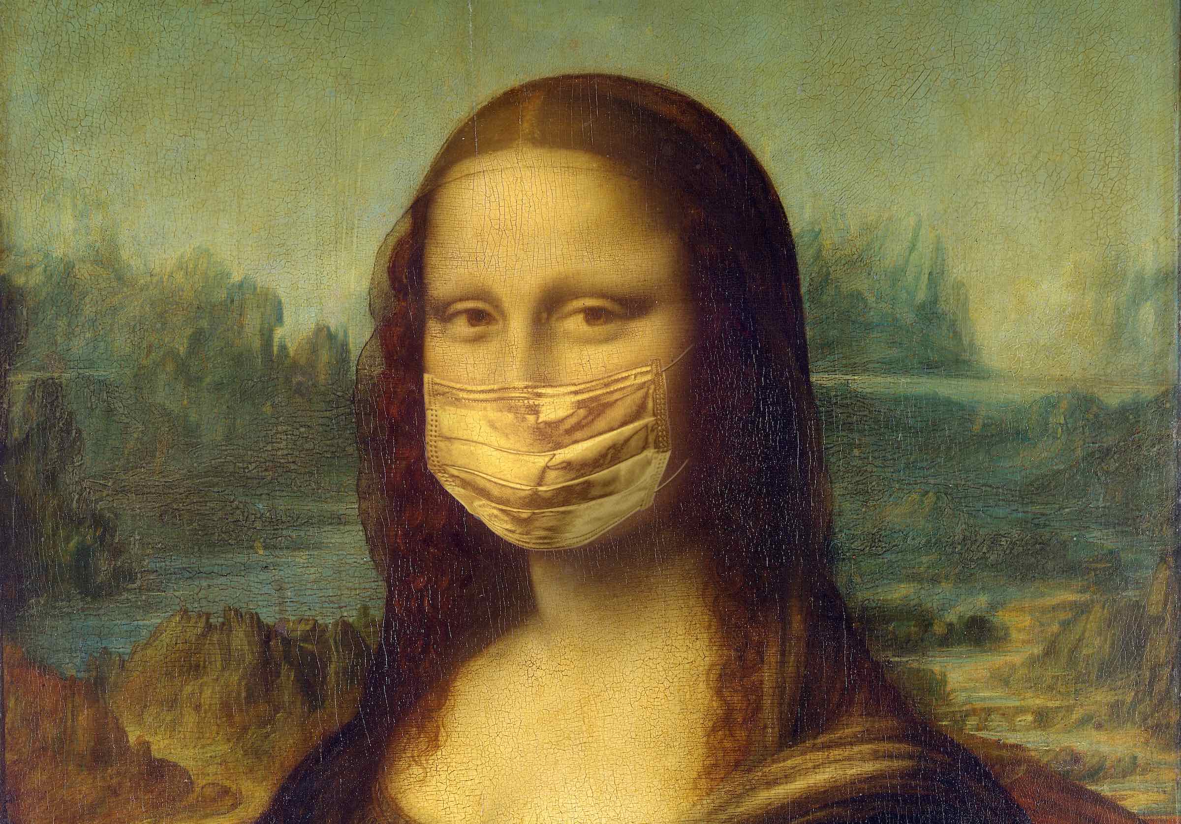 a painting of a woman with a face mask